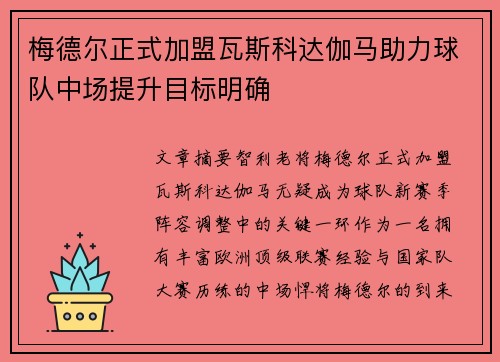 梅德尔正式加盟瓦斯科达伽马助力球队中场提升目标明确